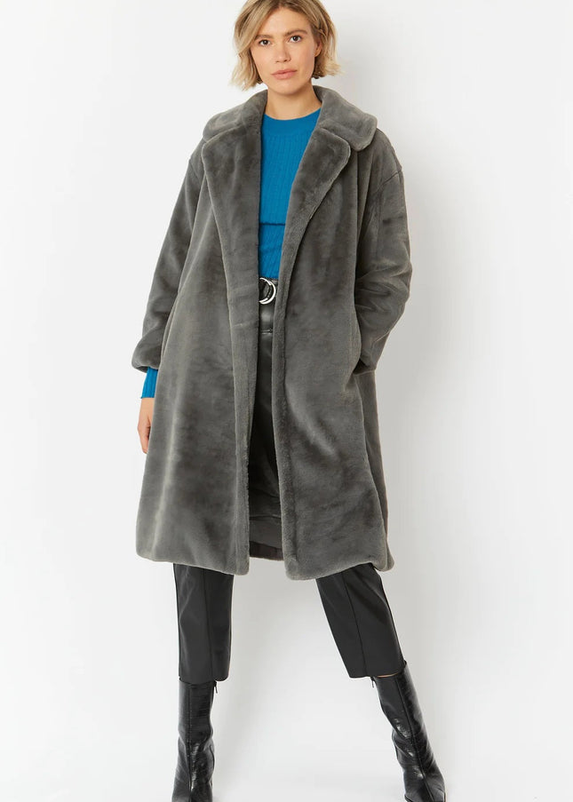 Grey Faux Fur Midi Shaved Shearling Coat-0