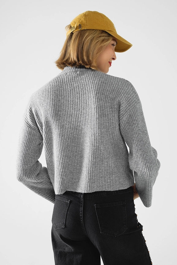 Grey Ribbed Turtleneck Sweater