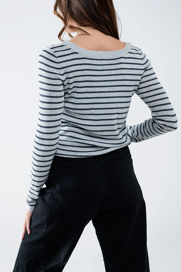 Grey Striped Fine Knit Sweater with Boat Neck