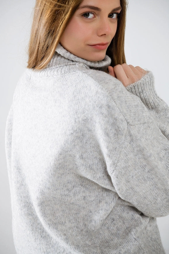 Grey Turtleneck Jumper with Dropped Sleeves