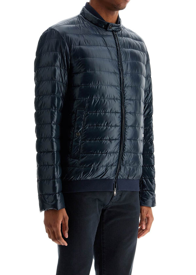 HERNO dark blue lightweight quilted nylon down jacket with high collar