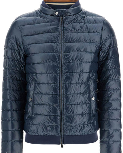 HERNO dark blue lightweight quilted nylon down jacket with high collar