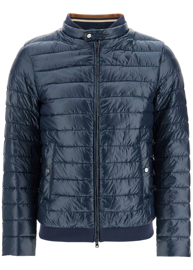 HERNO dark blue lightweight quilted nylon down jacket with high collar