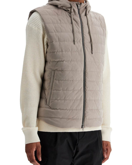 HERNO sleeveless down jacket in dove gray polyester with quilted hood