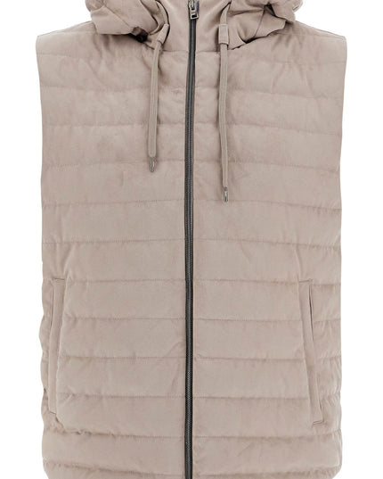 HERNO sleeveless down jacket in dove gray polyester with quilted hood