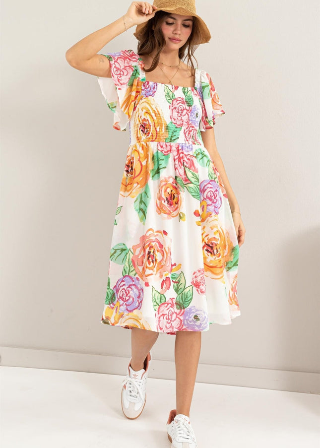 HYFVE Floral Flutter Sleeve Smocked Dress