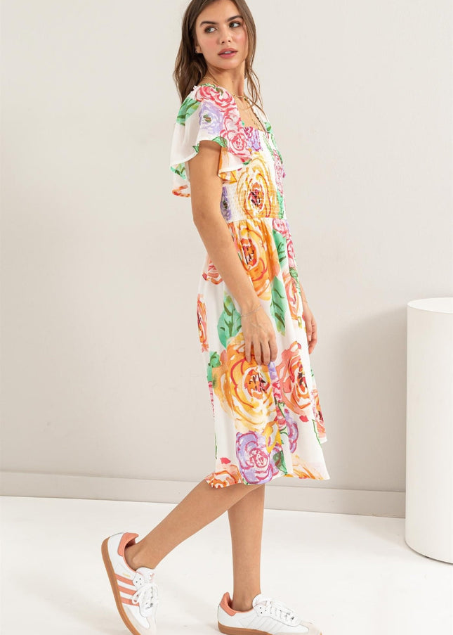 HYFVE Floral Flutter Sleeve Smocked Dress