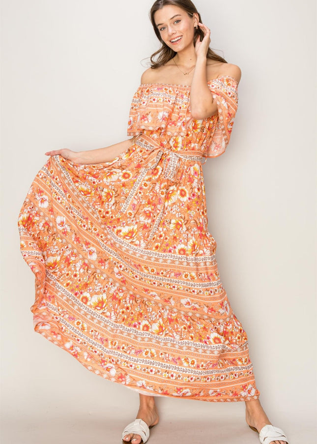 HYFVE Floral Off-Shoulder Tie Front Maxi Dress