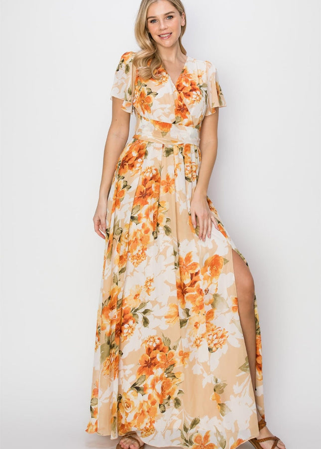 HYFVE Floral Tie Back Short Sleeve Slit Maxi Dress