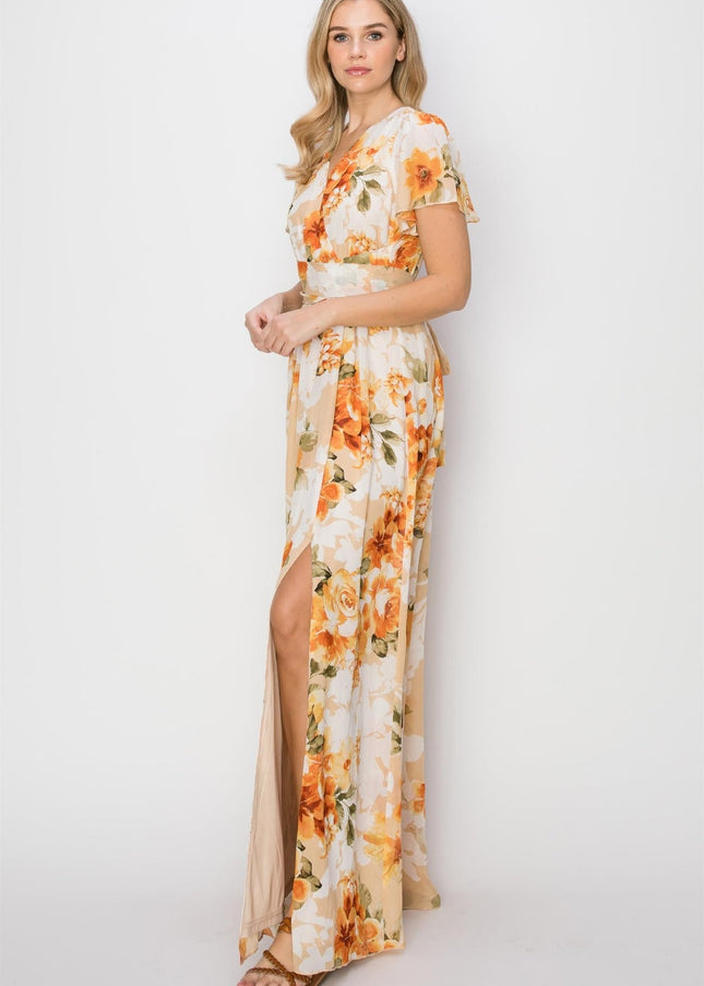 HYFVE Floral Tie Back Short Sleeve Slit Maxi Dress