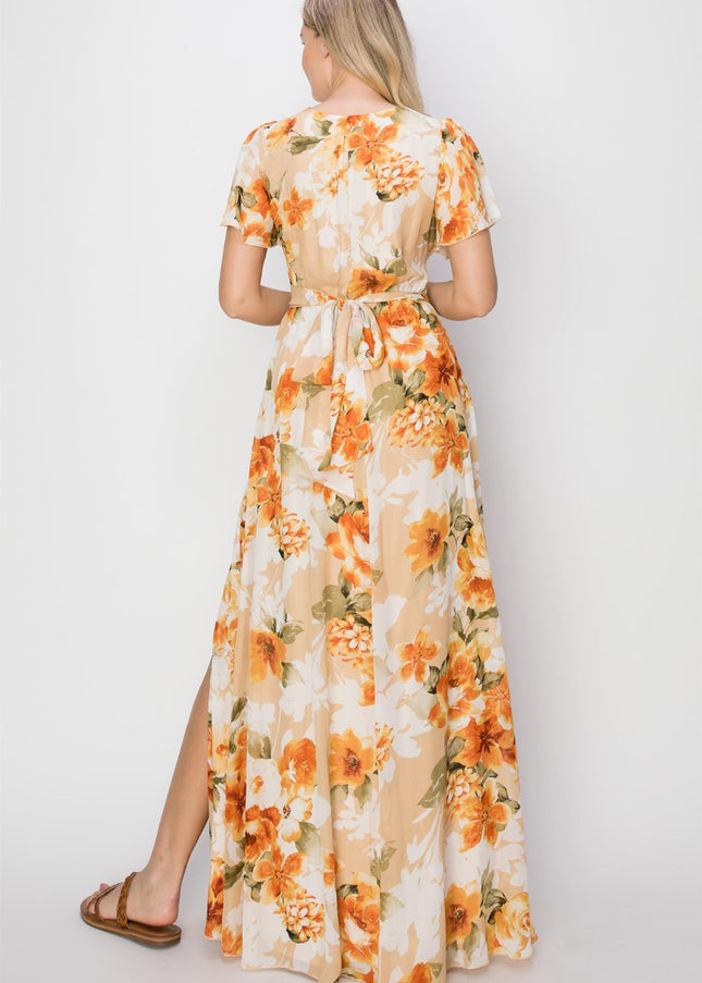 HYFVE Floral Tie Back Short Sleeve Slit Maxi Dress