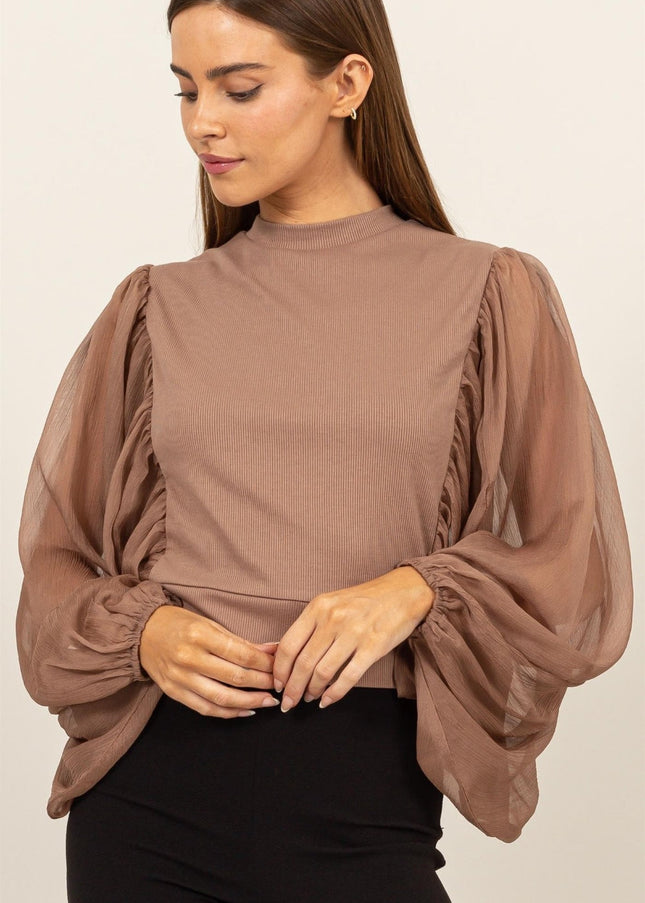 HYFVE Ruched Sheer Long Sleeve Mock Neck Blouse