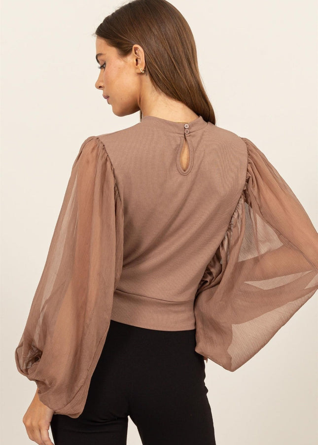 HYFVE Ruched Sheer Long Sleeve Mock Neck Blouse