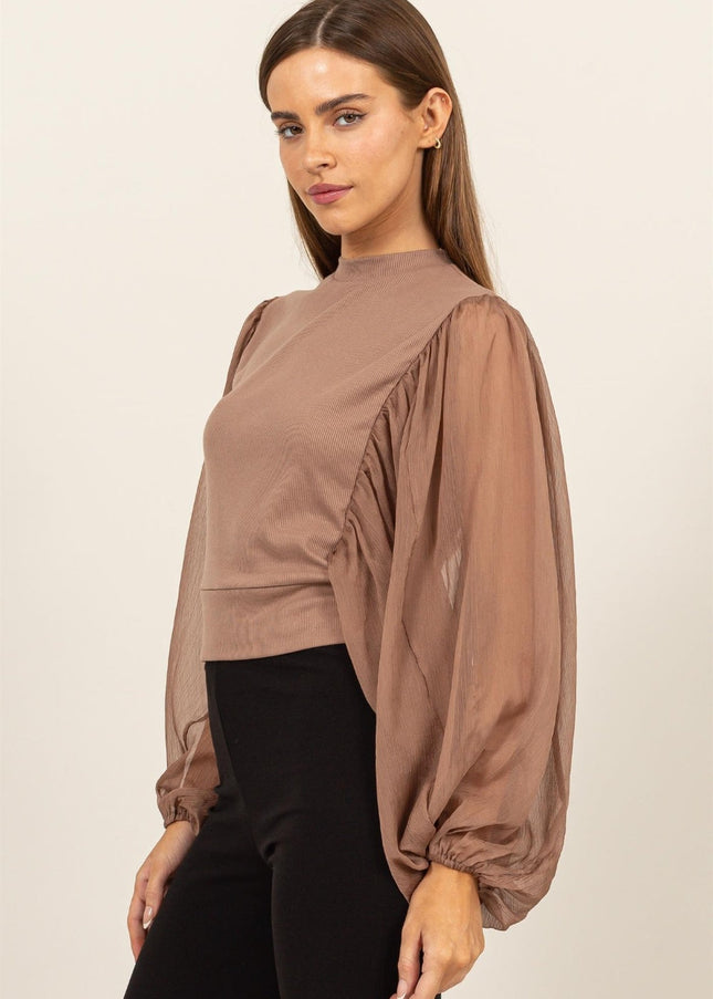 HYFVE Ruched Sheer Long Sleeve Mock Neck Blouse