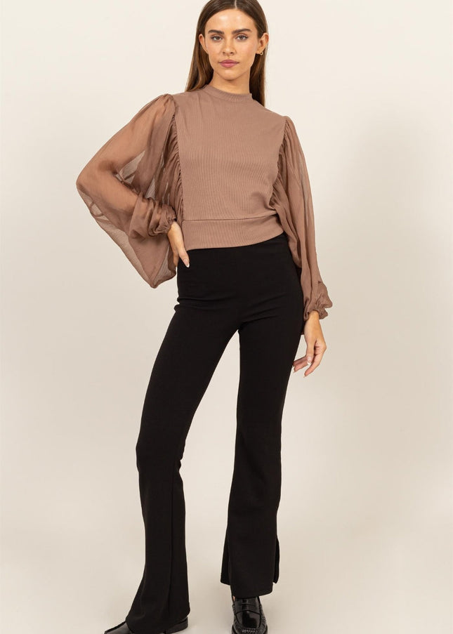 HYFVE Ruched Sheer Long Sleeve Mock Neck Blouse