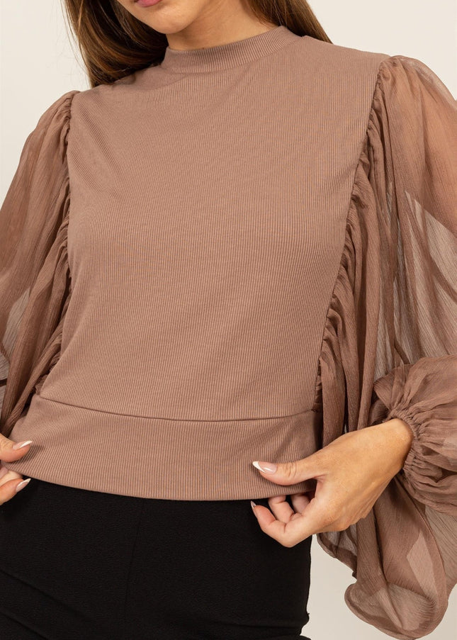 HYFVE Ruched Sheer Long Sleeve Mock Neck Blouse