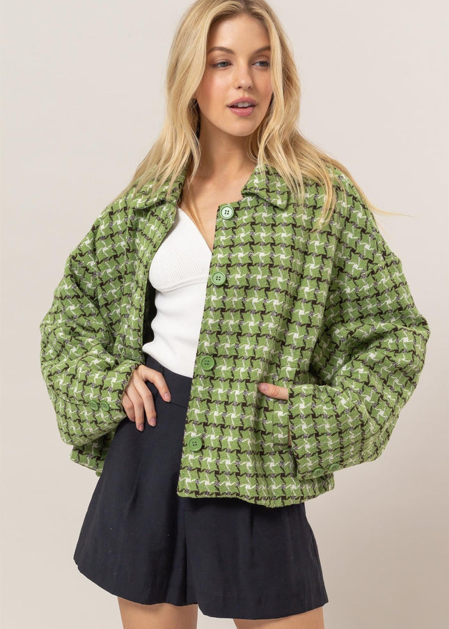 HYFVE Tweed Plaid Button Up Collared Neck Jacket