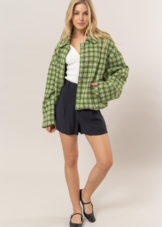 HYFVE Tweed Plaid Button Up Collared Neck Jacket