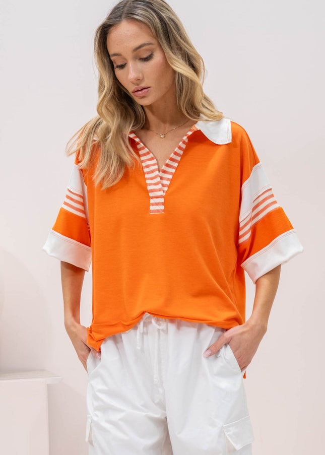 Hailey & Co Full Size Contrast Stripe Polo Shirt