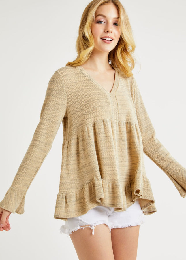 Hailey & Co V-Neck Flounce Sleeve Knit Top