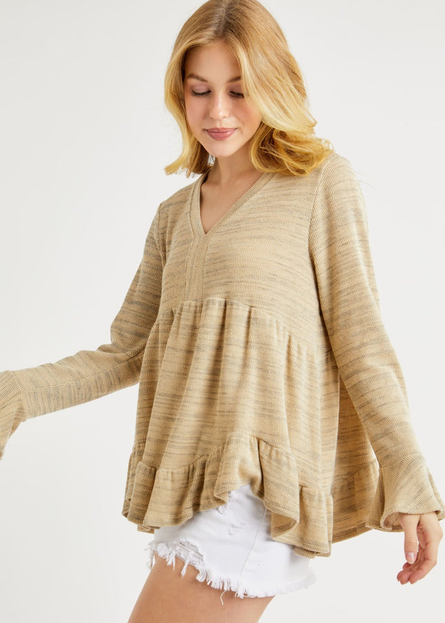 Hailey & Co V-Neck Flounce Sleeve Knit Top