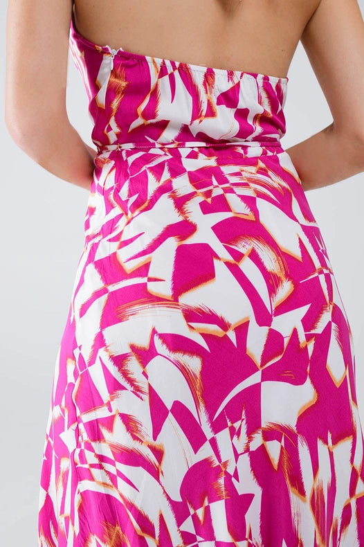 Halter Midi Dress with Cinched Waist in Abstract Fuchsia and White Print