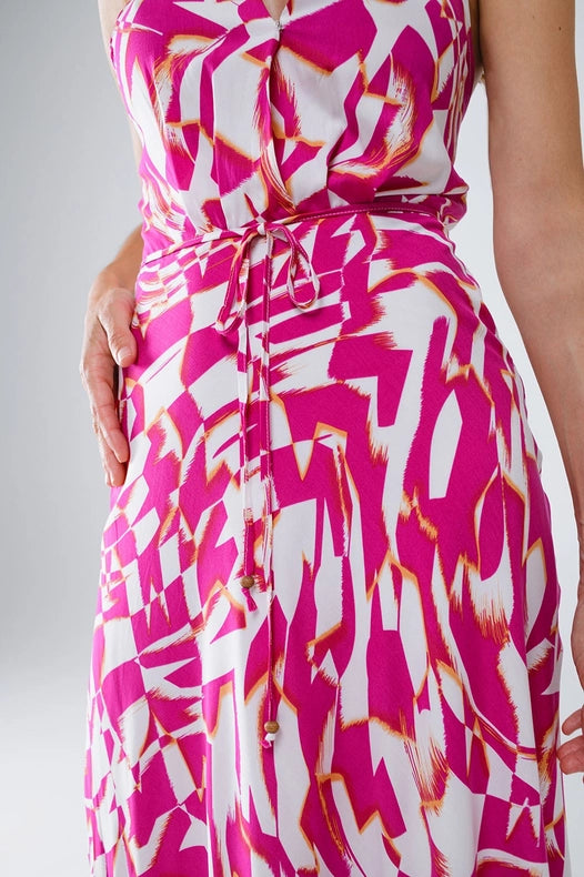 Halter Midi Dress with Cinched Waist in Abstract Fuchsia and White Print