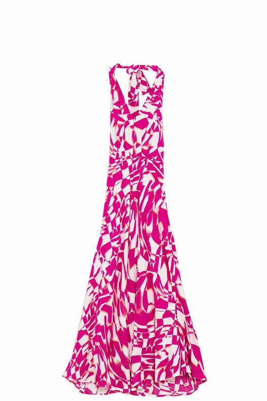 Halter Midi Dress with Cinched Waist in Abstract Fuchsia and White Print