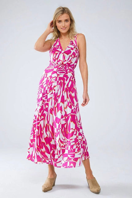 Halter Midi Dress with Cinched Waist in Abstract Fuchsia and White Print