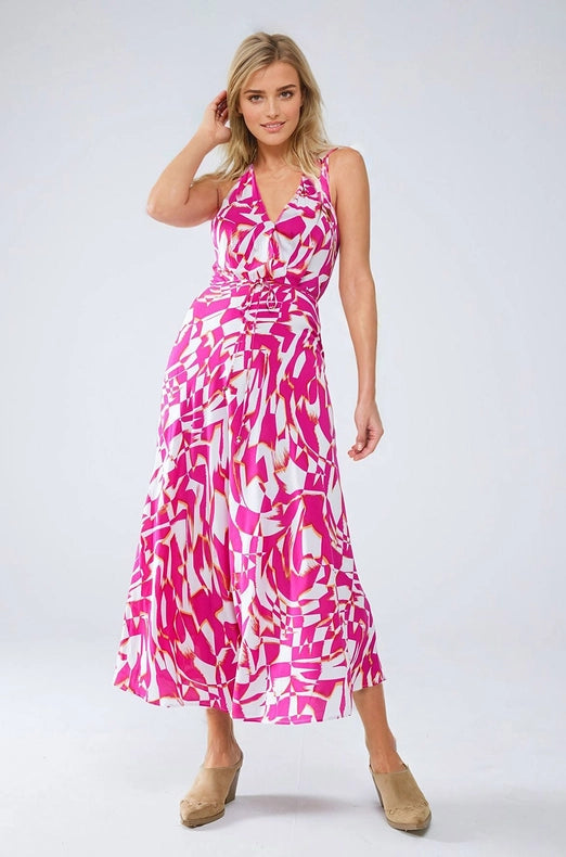 Halter Midi Dress with Cinched Waist in Abstract Fuchsia and White Print