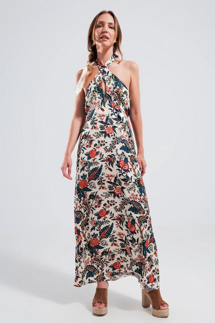 Halter Neck Maxi Dress In Beige Paisley Print