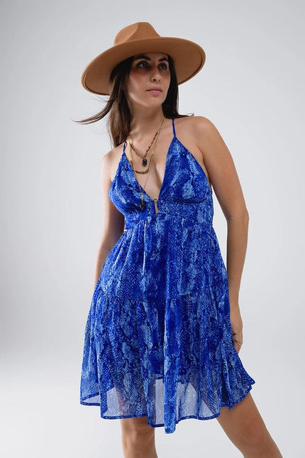 Halter Open Back Babydoll Dress in Snake Blue Print