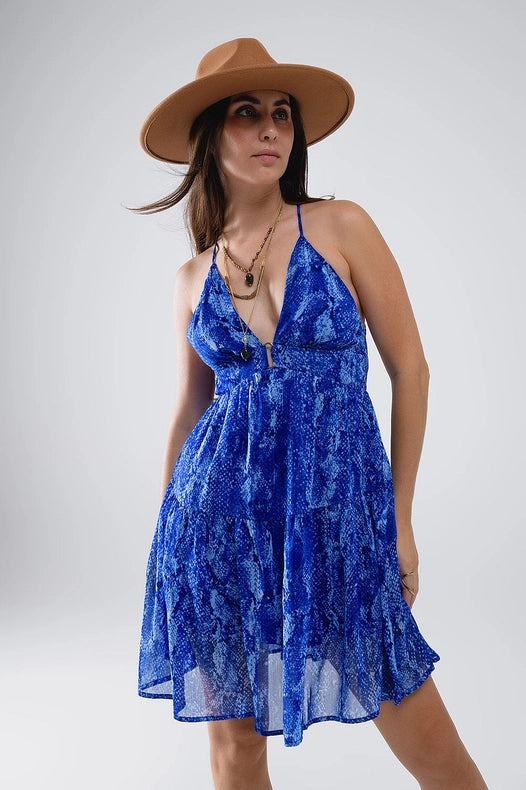 Halter Open Back Babydoll Dress in Snake Blue Print