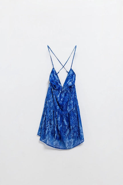 Halter Open Back Babydoll Dress in Snake Blue Print