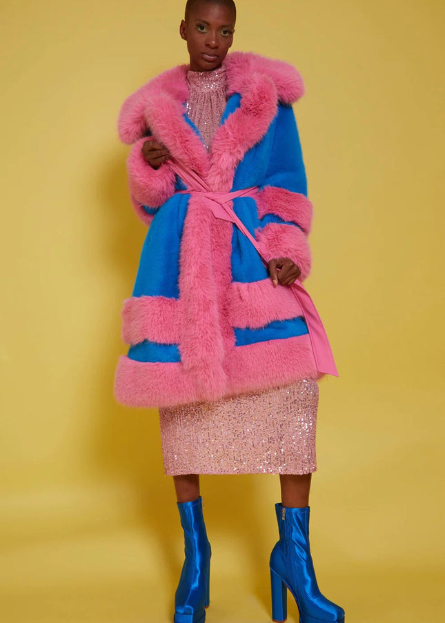 Handmade Bamboo Pink - Blue Faux Fur Coat-0