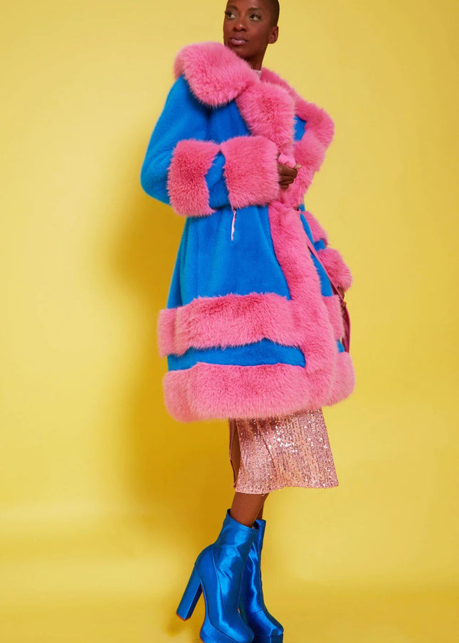 Handmade Bamboo Pink - Blue Faux Fur Coat-1