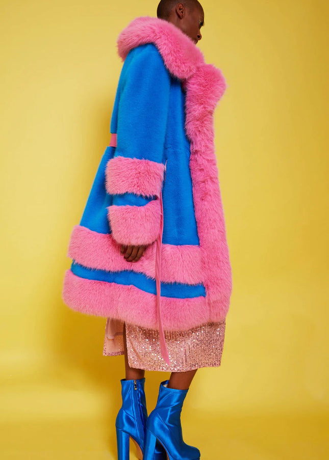 Handmade Bamboo Pink - Blue Faux Fur Coat-2