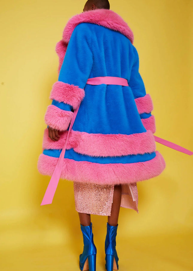 Handmade Bamboo Pink - Blue Faux Fur Coat-3