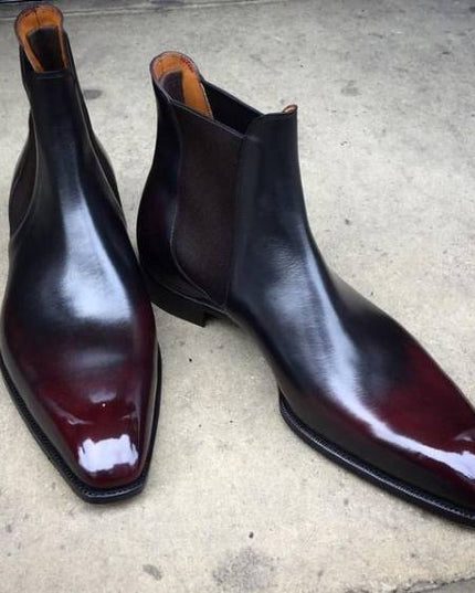 Handmade Burgundy Patina Leather Chelsea Boots