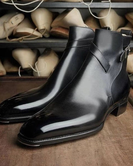 Handmade Men's Black Leather Ankle High Jodhpur Boots