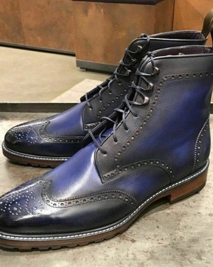 Handmade Men's Blue Patina Leather Wingtip Boots