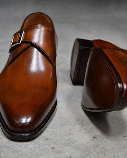 Handmade Men's Brown Leather Monk Style Formal Shoes