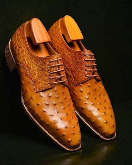 Handmade Men's Tan Derby Ostrich Leather Shoes