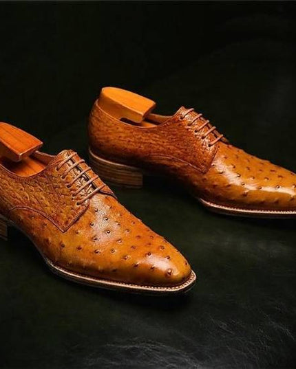 Handmade Men's Tan Derby Ostrich Leather Shoes