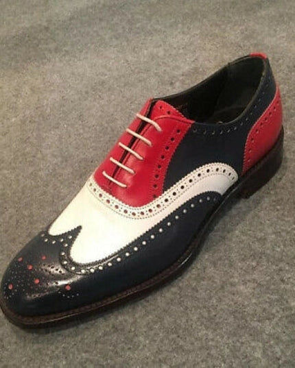 Handmade Men's Tri Tone Genuine Leather Wingtip Oxford Shoes