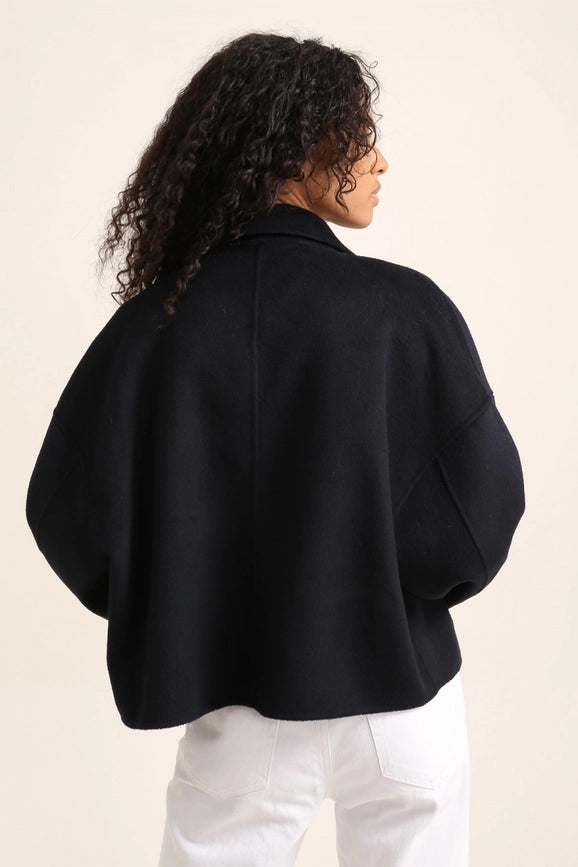 Handmade Oversized Cropped Wool Coat   Navy Blue