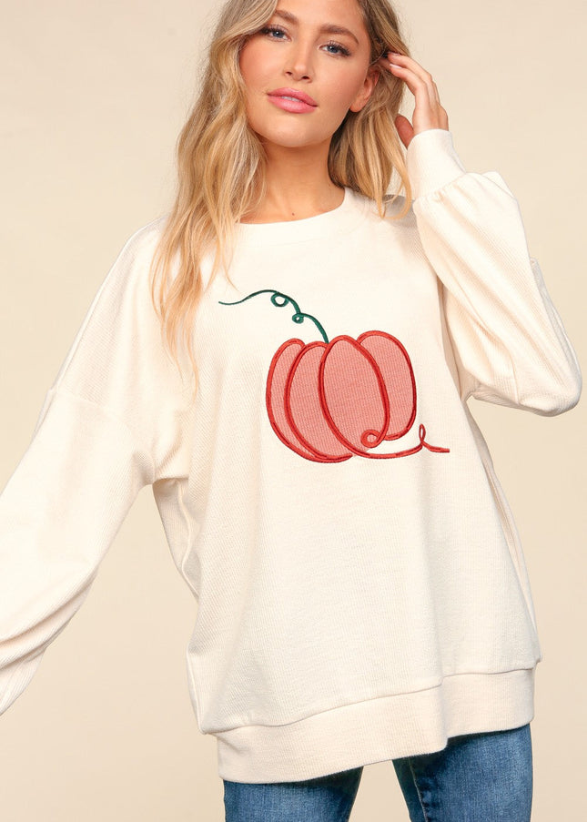 Haptics Full Size Embroidery Pumpkin Long Sleeve Knit Top