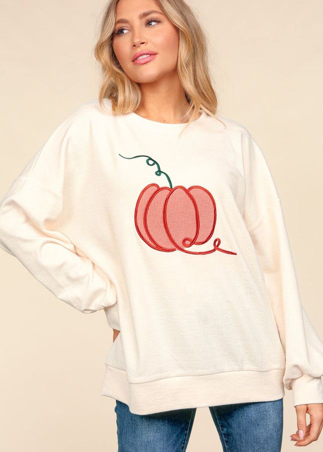 Haptics Full Size Embroidery Pumpkin Long Sleeve Knit Top