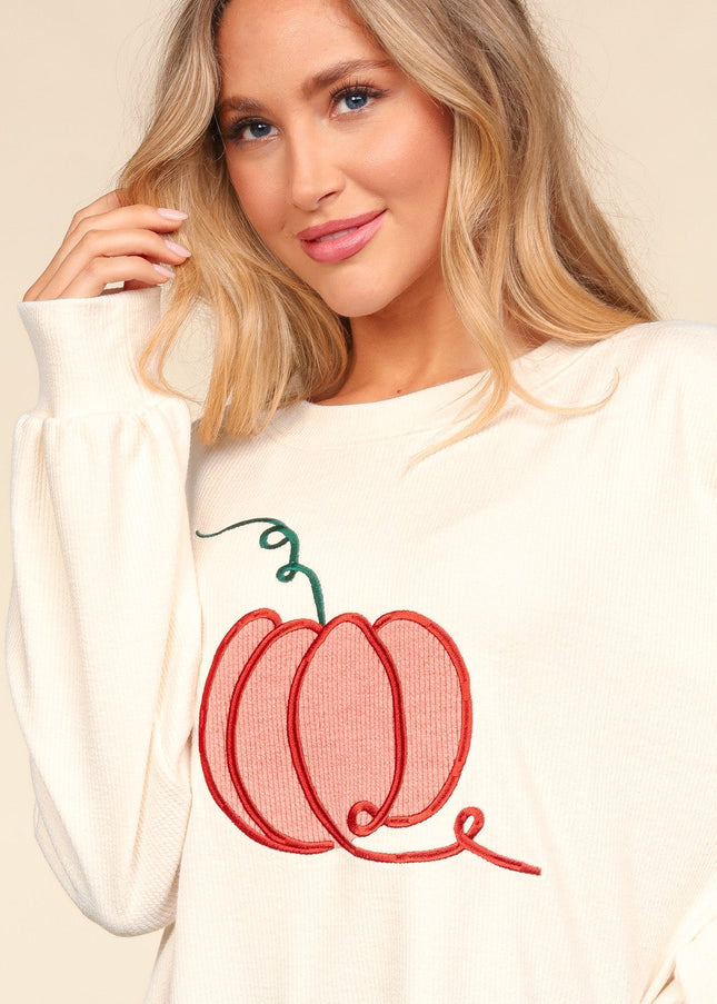 Haptics Full Size Embroidery Pumpkin Long Sleeve Knit Top