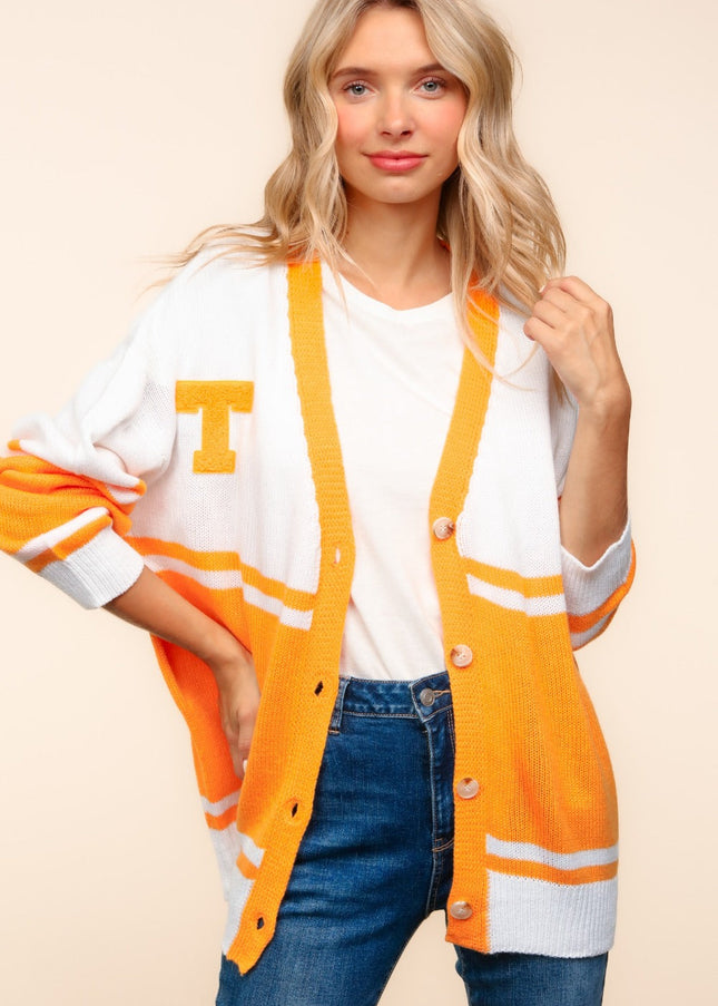 Haptics Full Size V Neck Button Down Letter Patch Cardigan